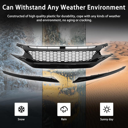 Front Bumper Upper Grille Fit for 2019 2020 2021 Honda Civic JS STYLE JDM Black Mesh Grille W/Headlight Eyelid Eyebrows Replacement for 71125-TEY-Y01 71121-TBA-A51 HO1200241 (Honeycomb Style)