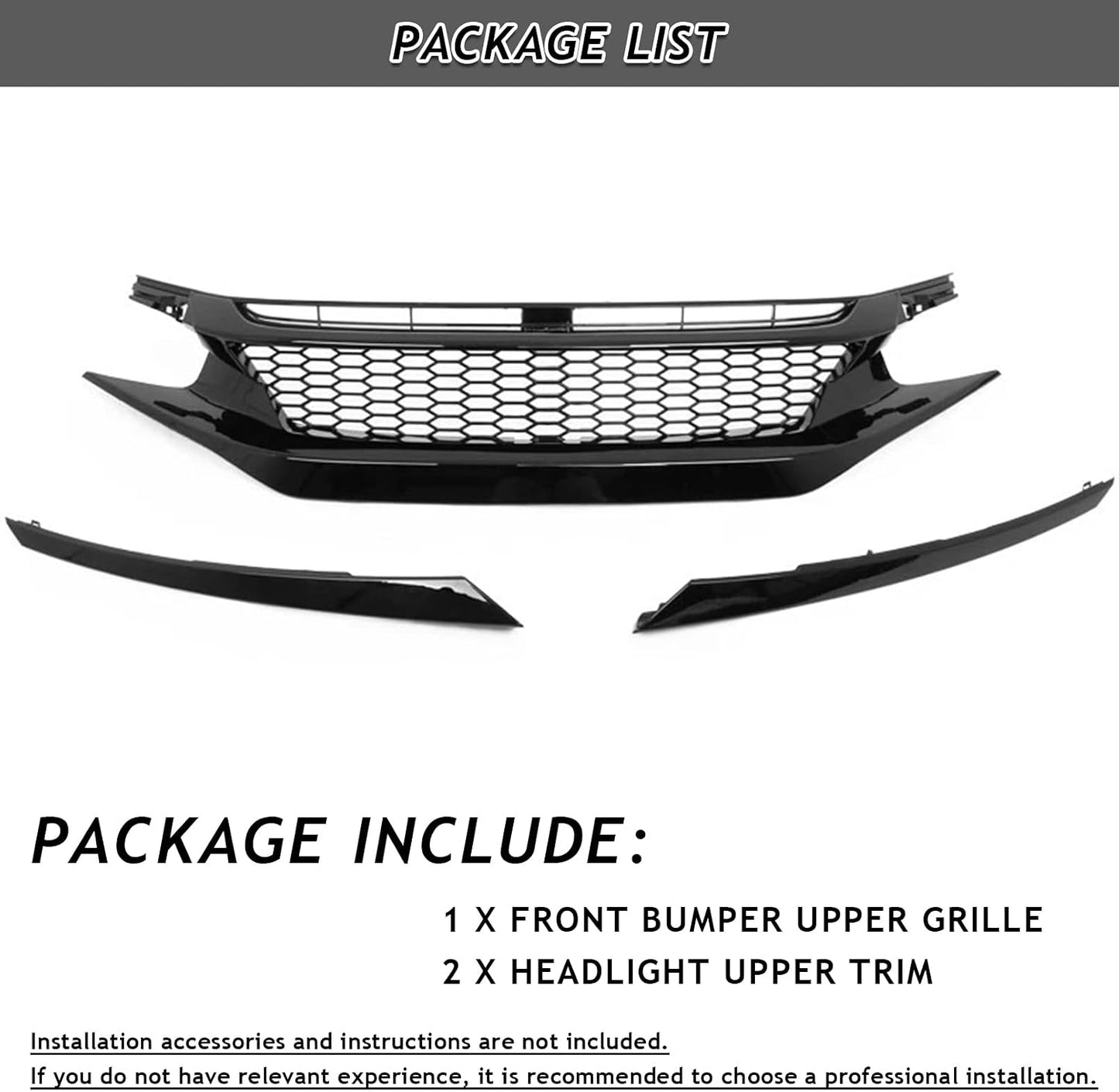 Front Bumper Upper Grille Fit for 2019 2020 2021 Honda Civic JS STYLE JDM Black Mesh Grille W/Headlight Eyelid Eyebrows Replacement for 71125-TEY-Y01 71121-TBA-A51 HO1200241 (Honeycomb Style)