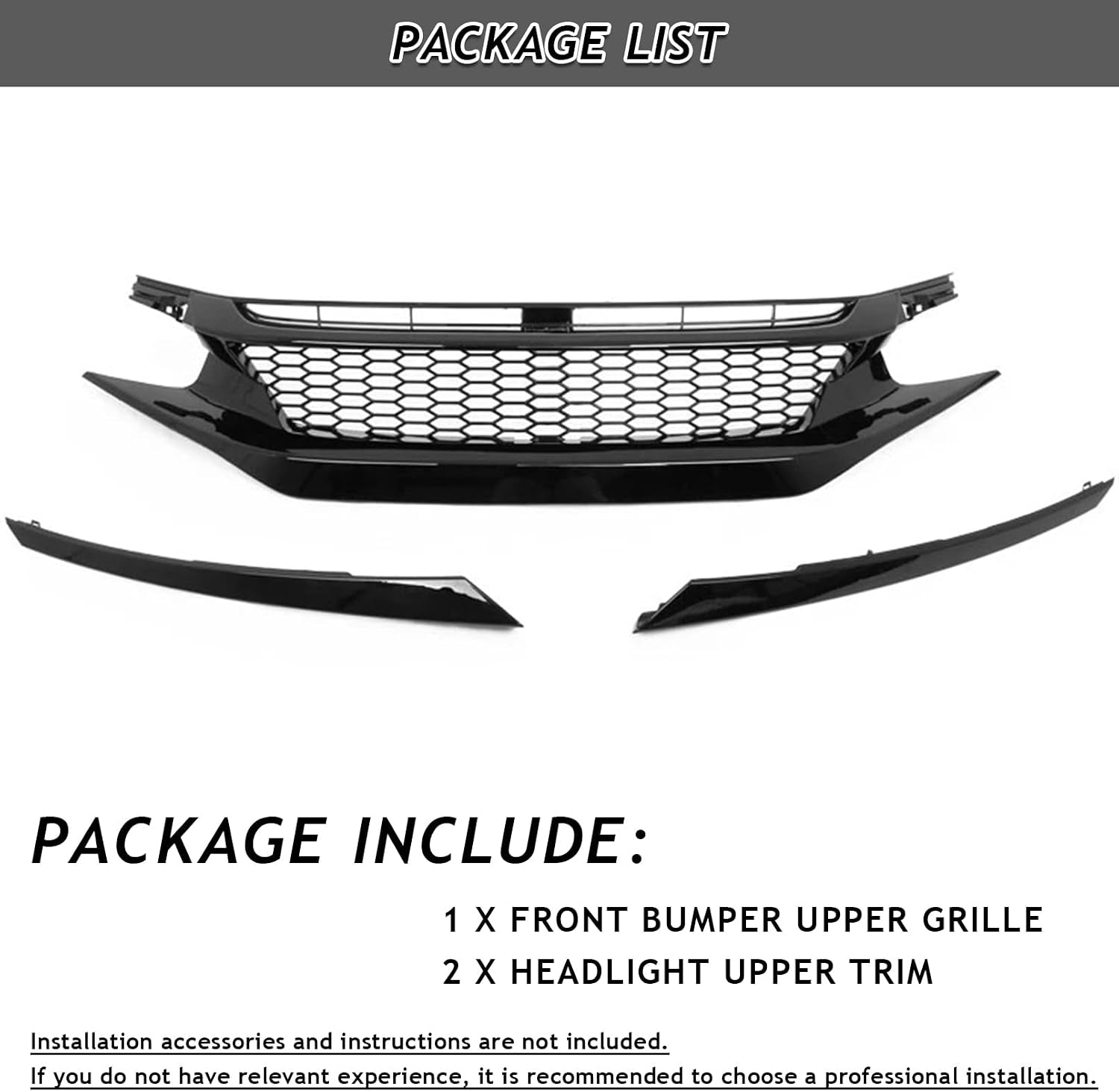 Front Bumper Upper Grille Fit for 2019 2020 2021 Honda Civic JS STYLE JDM Black Mesh Grille W/Headlight Eyelid Eyebrows Replacement for 71125-TEY-Y01 71121-TBA-A51 HO1200241 (Honeycomb Style)