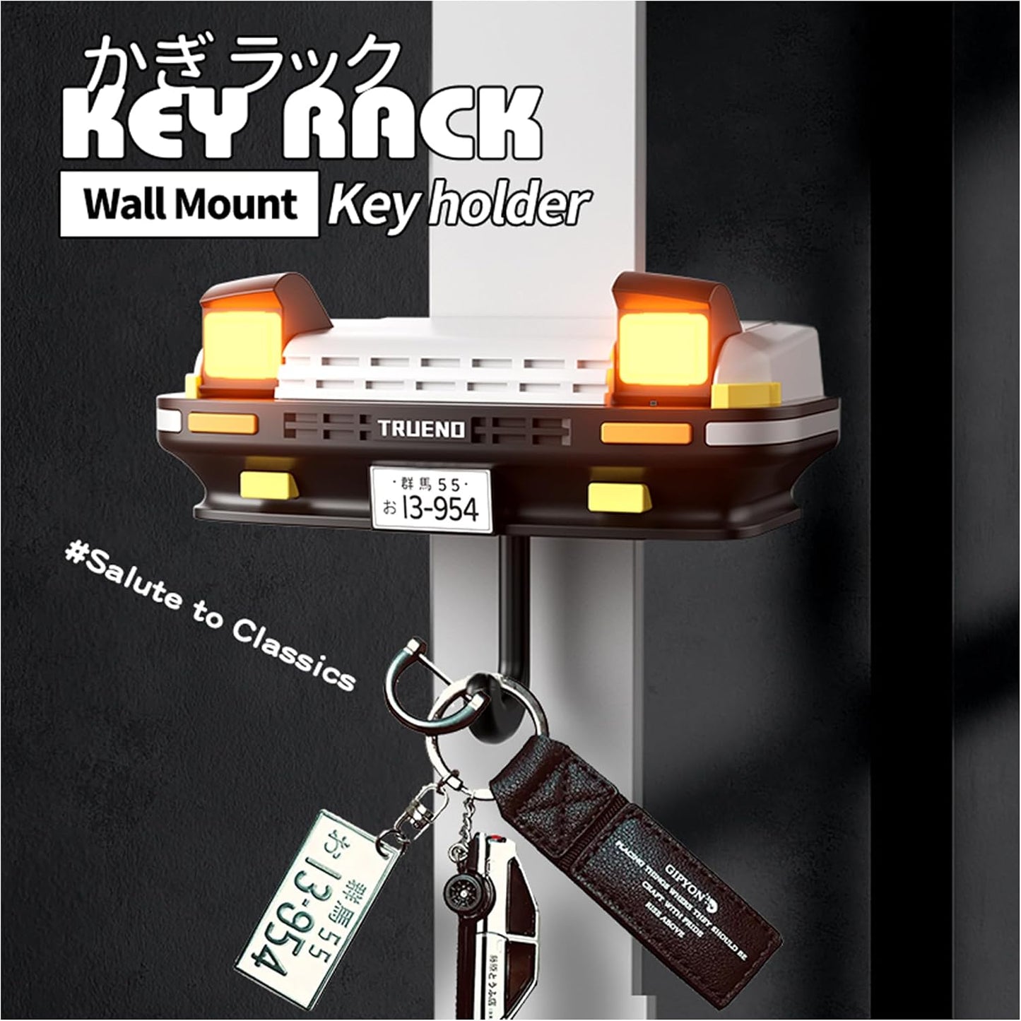 Initial D AE86 & Mazd@ MX5 Miata Retro Car Wall Key Holder - LED Pop-Up Headlight, Auto-Off Light, Car Enthusiast Organizer for Home & Garage. (Ae86-Black【With Lights】)