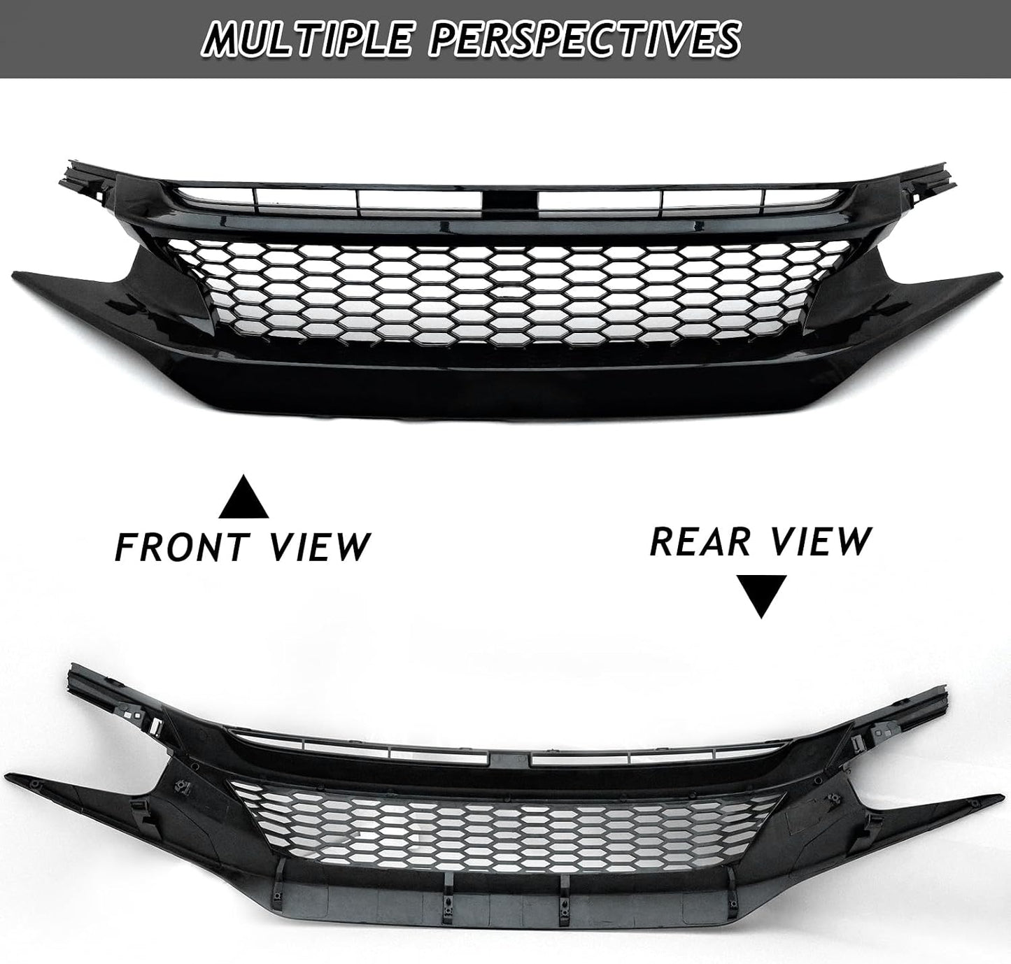 Front Bumper Upper Grille Fit for 2019 2020 2021 Honda Civic JS STYLE JDM Black Mesh Grille W/Headlight Eyelid Eyebrows Replacement for 71125-TEY-Y01 71121-TBA-A51 HO1200241 (Honeycomb Style)
