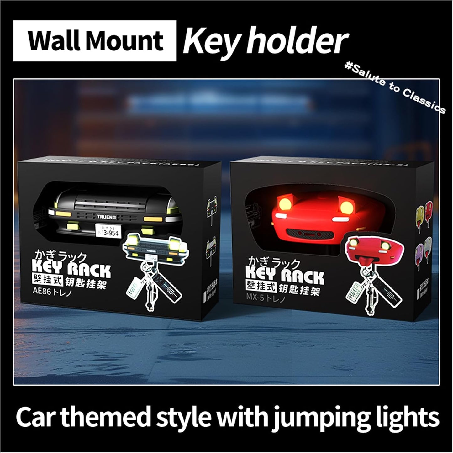 Initial D AE86 & Mazd@ MX5 Miata Retro Car Wall Key Holder - LED Pop-Up Headlight, Auto-Off Light, Car Enthusiast Organizer for Home & Garage. (Ae86-Black【With Lights】)