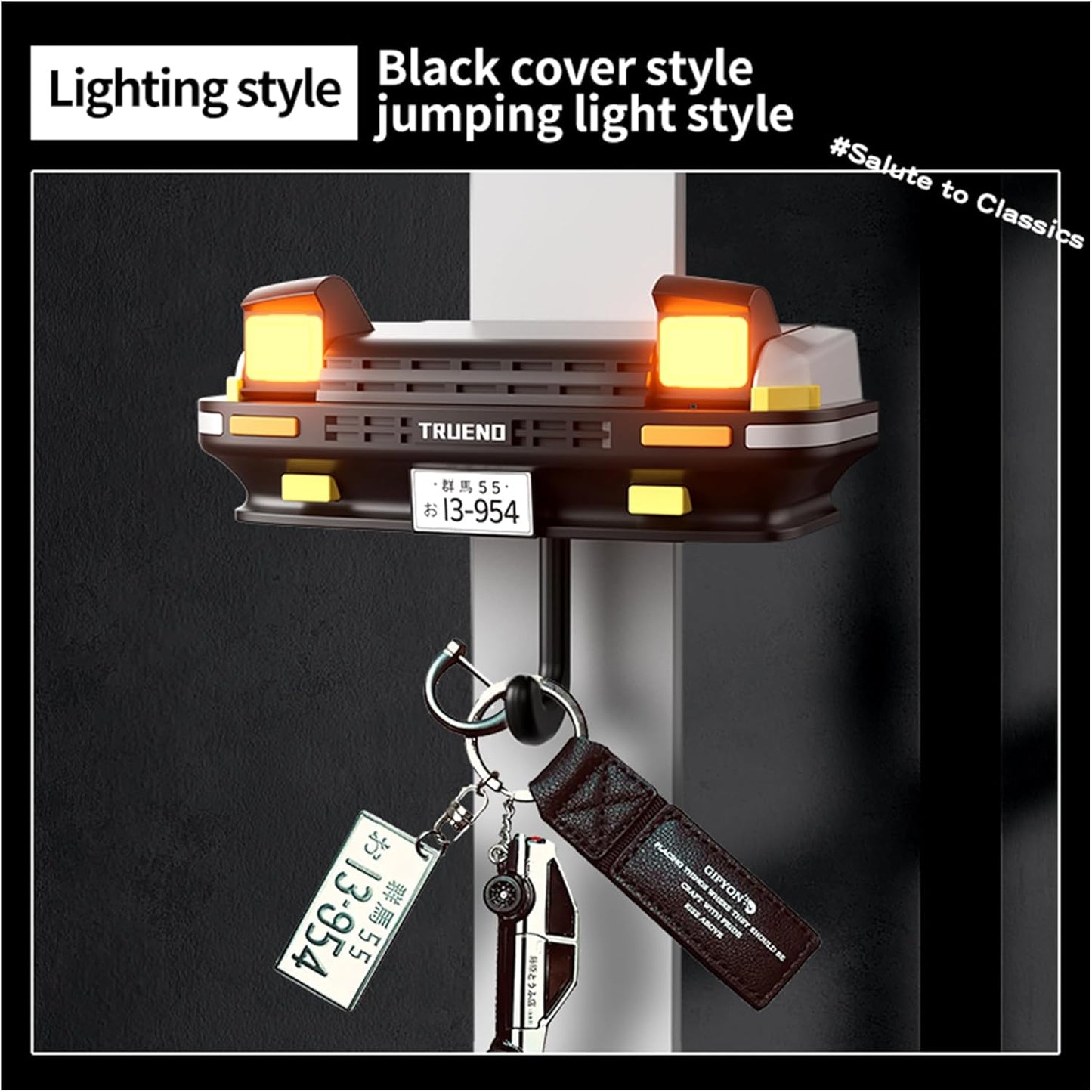 Initial D AE86 & Mazd@ MX5 Miata Retro Car Wall Key Holder - LED Pop-Up Headlight, Auto-Off Light, Car Enthusiast Organizer for Home & Garage. (Ae86-Black【With Lights】)