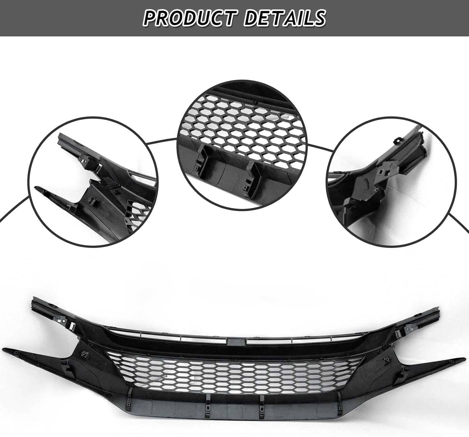 Front Bumper Upper Grille Fit for 2019 2020 2021 Honda Civic JS STYLE JDM Black Mesh Grille W/Headlight Eyelid Eyebrows Replacement for 71125-TEY-Y01 71121-TBA-A51 HO1200241 (Honeycomb Style)