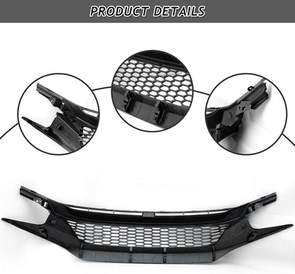 Front Bumper Upper Grille Fit for 2019 2020 2021 Honda Civic JS STYLE JDM Black Mesh Grille W/Headlight Eyelid Eyebrows Replacement for 71125-TEY-Y01 71121-TBA-A51 HO1200241 (Honeycomb Style)