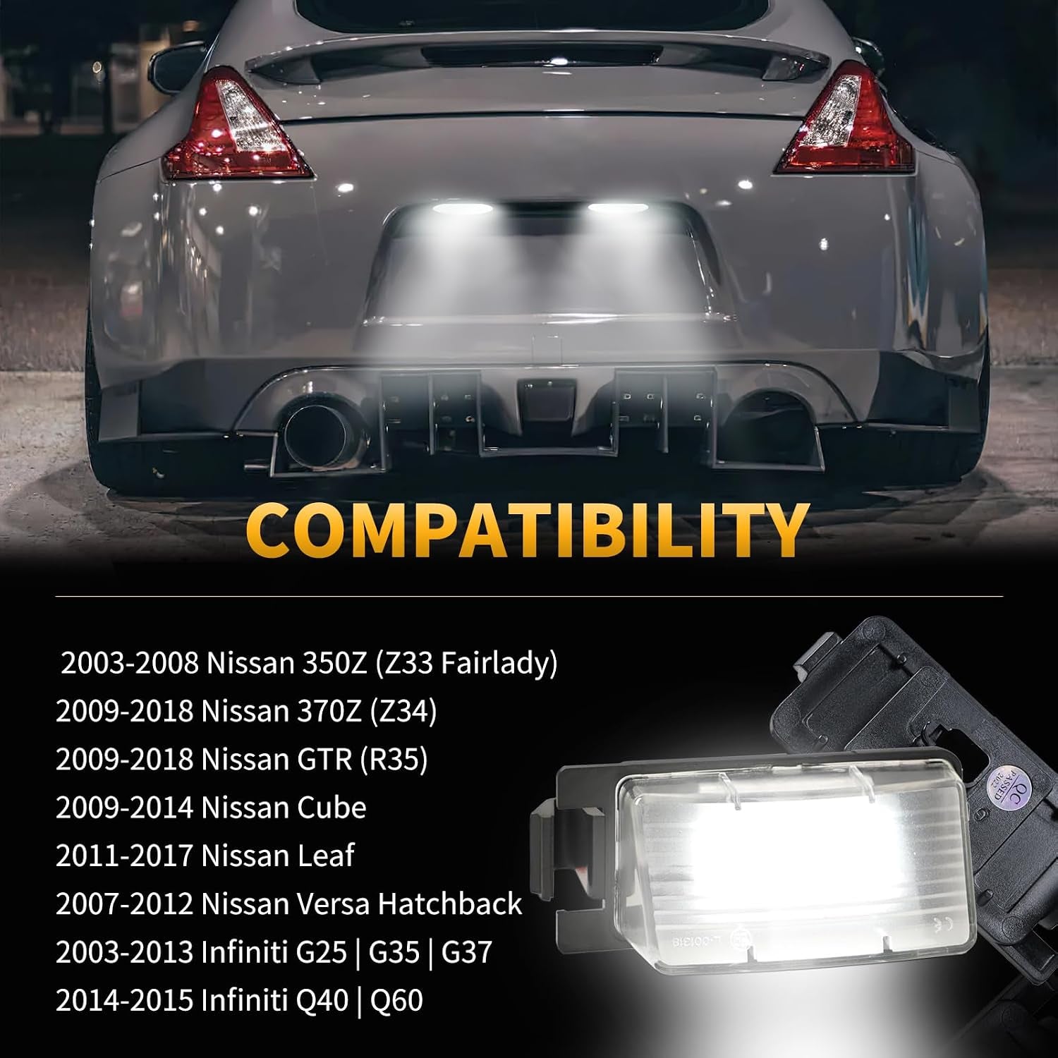LED License Plate Light for N'Issan 350Z 370Z GT-R Versa Cube Leaf & I'Nfiniti G25 G35 G37 Q40 Q60 Tag Lamp Assembly, 6000K White 2PCS