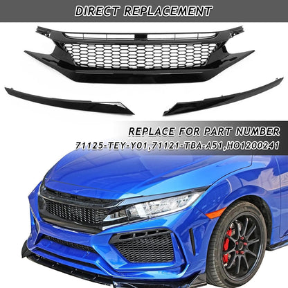 Front Bumper Upper Grille Fit for 2019 2020 2021 Honda Civic JS STYLE JDM Black Mesh Grille W/Headlight Eyelid Eyebrows Replacement for 71125-TEY-Y01 71121-TBA-A51 HO1200241 (Honeycomb Style)