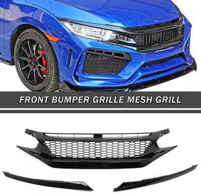Front Bumper Upper Grille Fit for 2019 2020 2021 Honda Civic JS STYLE JDM Black Mesh Grille W/Headlight Eyelid Eyebrows Replacement for 71125-TEY-Y01 71121-TBA-A51 HO1200241 (Honeycomb Style)