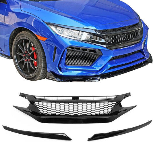 Front Bumper Upper Grille Fit for 2019 2020 2021 Honda Civic JS STYLE JDM Black Mesh Grille W/Headlight Eyelid Eyebrows Replacement for 71125-TEY-Y01 71121-TBA-A51 HO1200241 (Honeycomb Style)