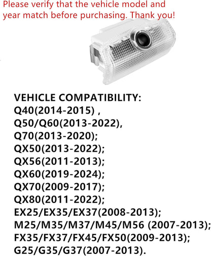 Never Fade Car Door Lights Logo, Compatible with Infiniti: Q40/50/60/70,QX50/56/60/70/80,EX25/35/37,M25/35/37/45/56,FX35/37/45/50,G25/35/37, Welcome Light Puddle Lamp Car Accessories - 4PCS
