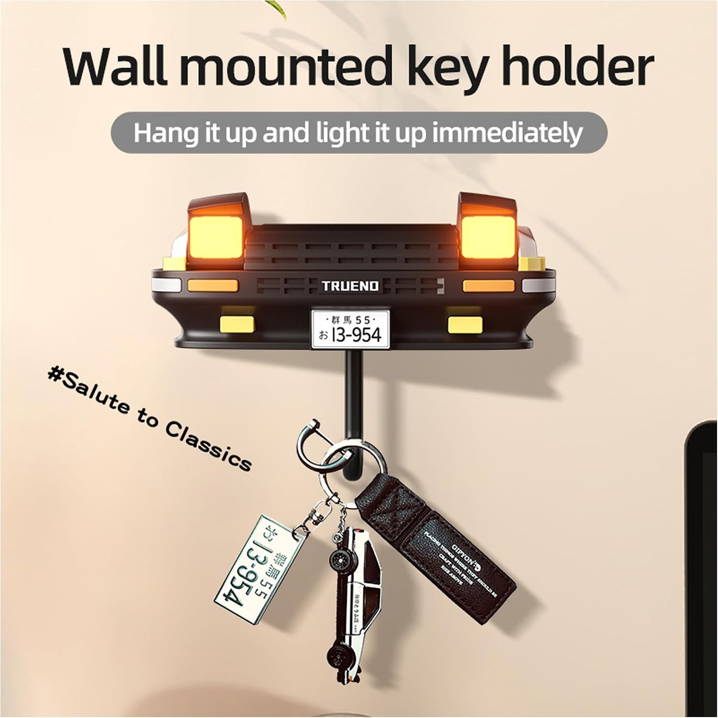 Initial D AE86 & Mazd@ MX5 Miata Retro Car Wall Key Holder - LED Pop-Up Headlight, Auto-Off Light, Car Enthusiast Organizer for Home & Garage. (Ae86-Black【With Lights】)