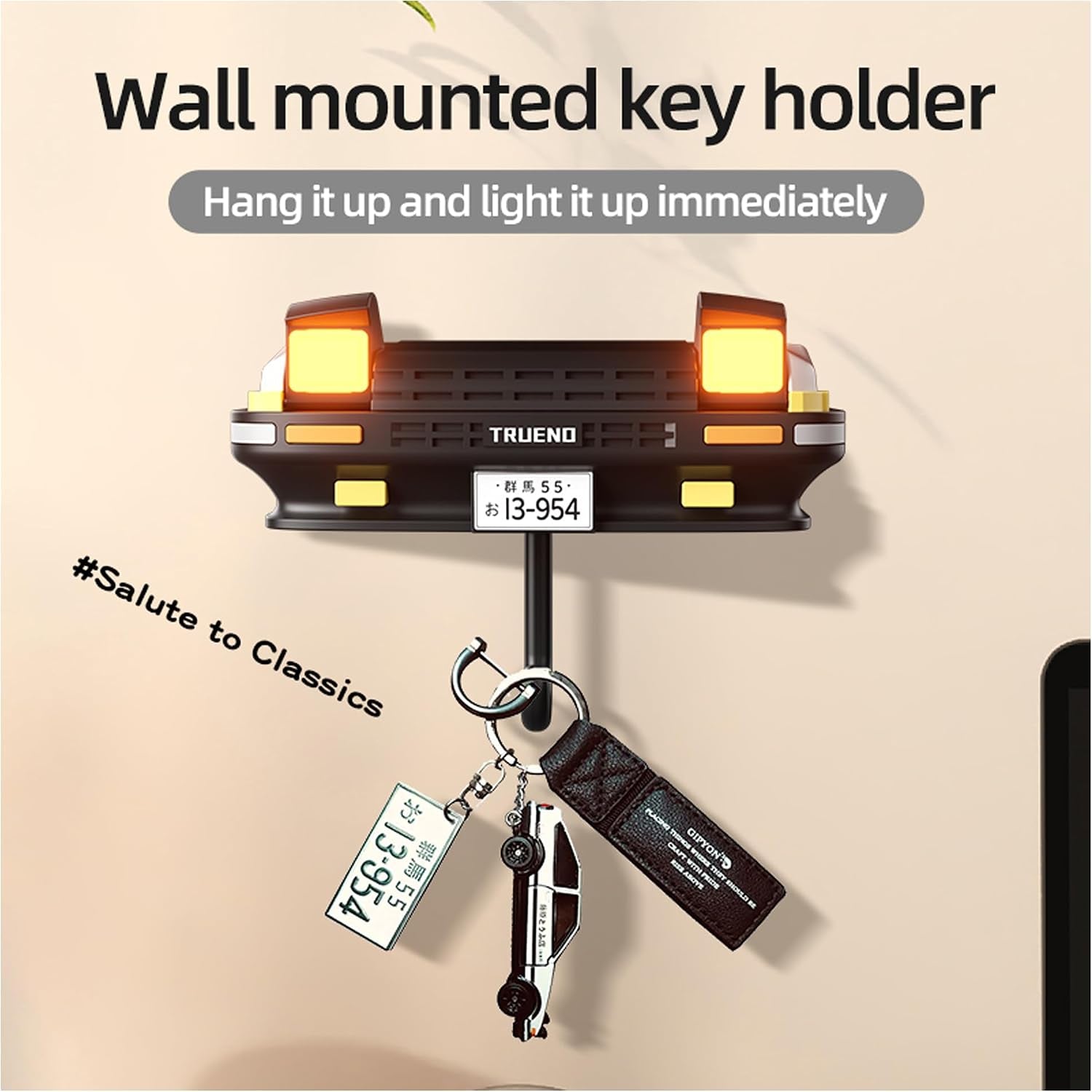 Initial D AE86 & Mazd@ MX5 Miata Retro Car Wall Key Holder - LED Pop-Up Headlight, Auto-Off Light, Car Enthusiast Organizer for Home & Garage. (Ae86-Black【With Lights】)